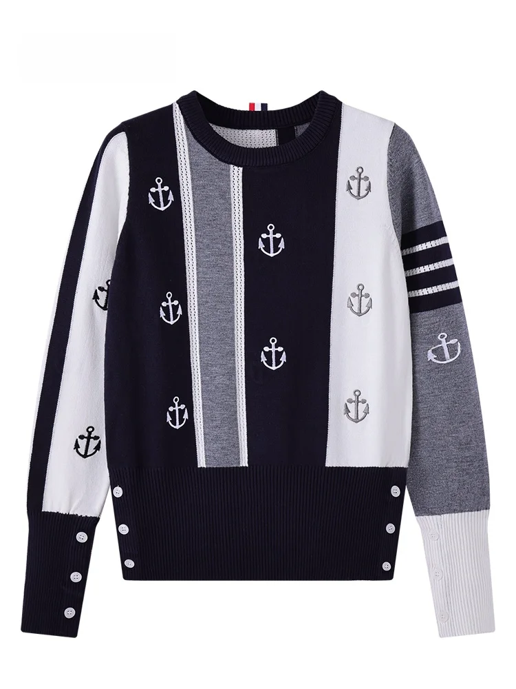 

JZZDEMM Women's Knitted Embroidered Slim Fit Top Korean Striped Color Blo Long Sve Crew Ne Pullover Vintage Sle