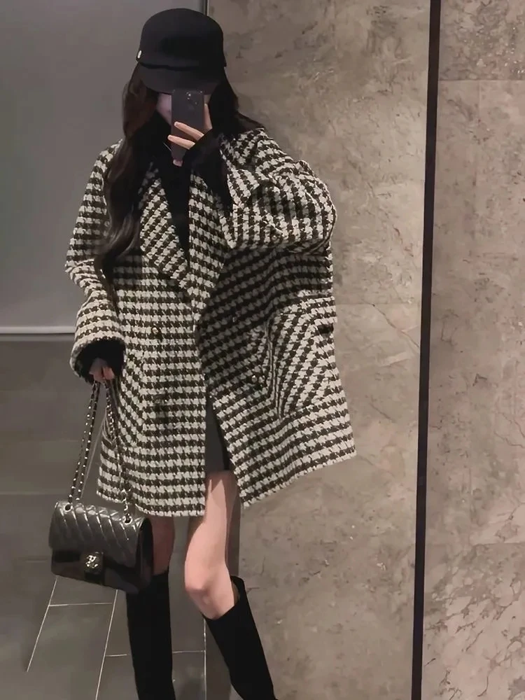

Autumn Winter Small Fragrance Houndstooth Woolen Coat 2025 New High-Grade Woolen Thicken Coat For Women Double-Breasted Outwear