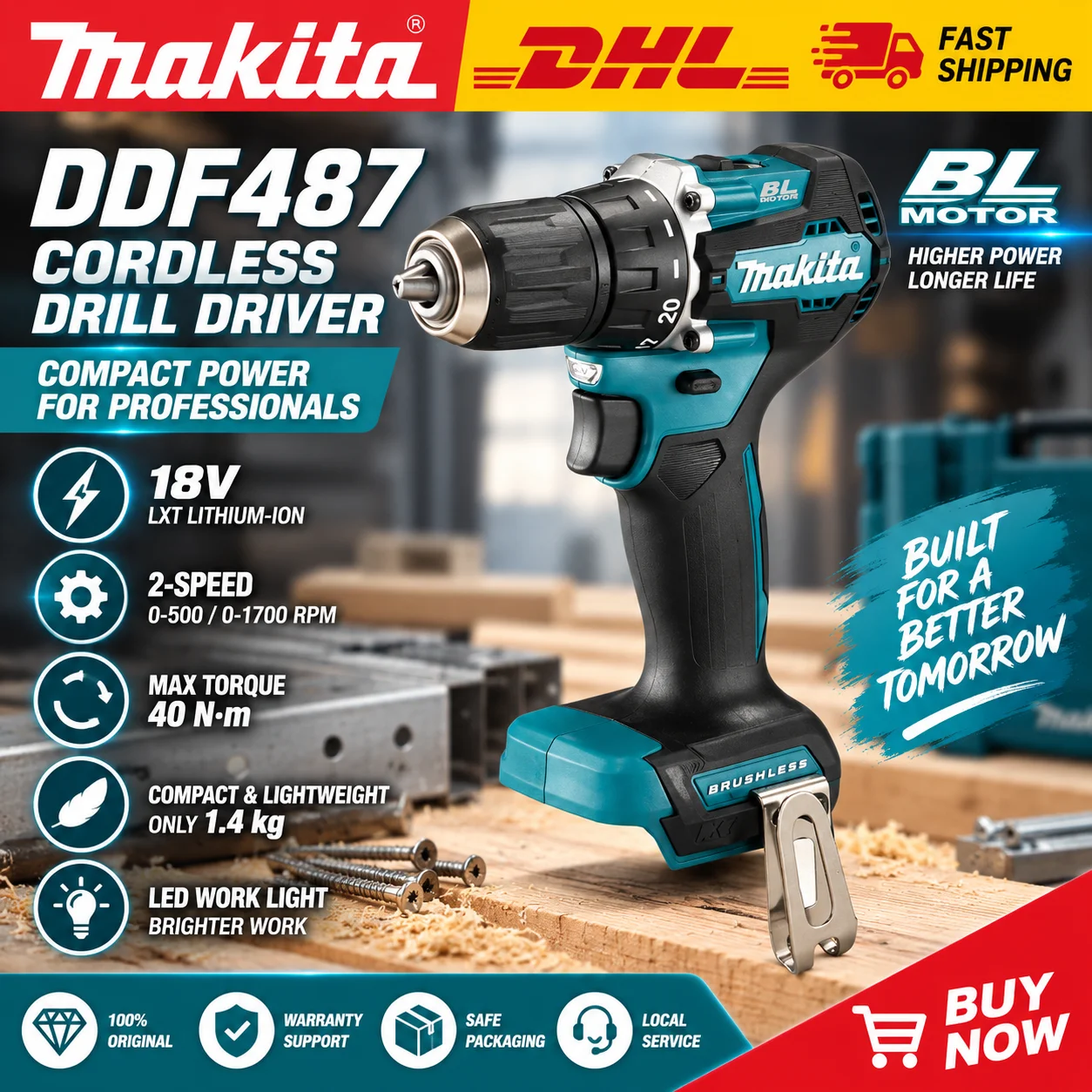 Für Makita DDF 487 18V Bürstenloser Akku-Bohrschrauber Kompakter Leistungsstarker 2-Gang-Elektrobohrer für Holz Metall DIY Professionelle Anwendung