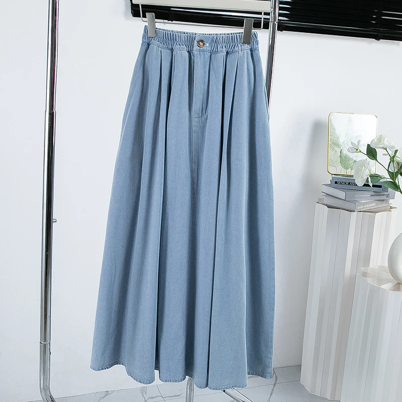 Spring Autumn Cotton Denim Skirt Women Casual Loose Elastic High Waist A-line Long Skirt
