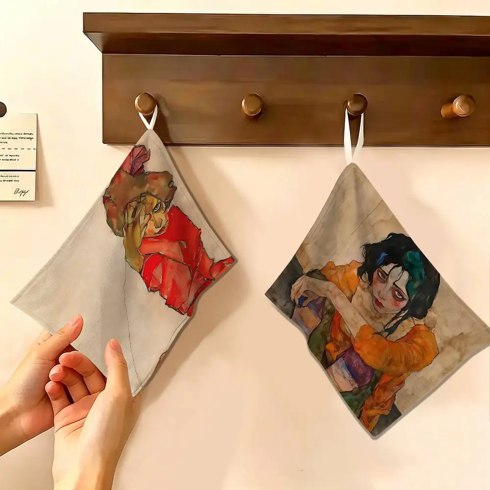 Artist Egon Schiele Art Household Hanging Towel, Polyester Cotton Hand Wiping Towel, Sturdy for Bathroom Bedroom