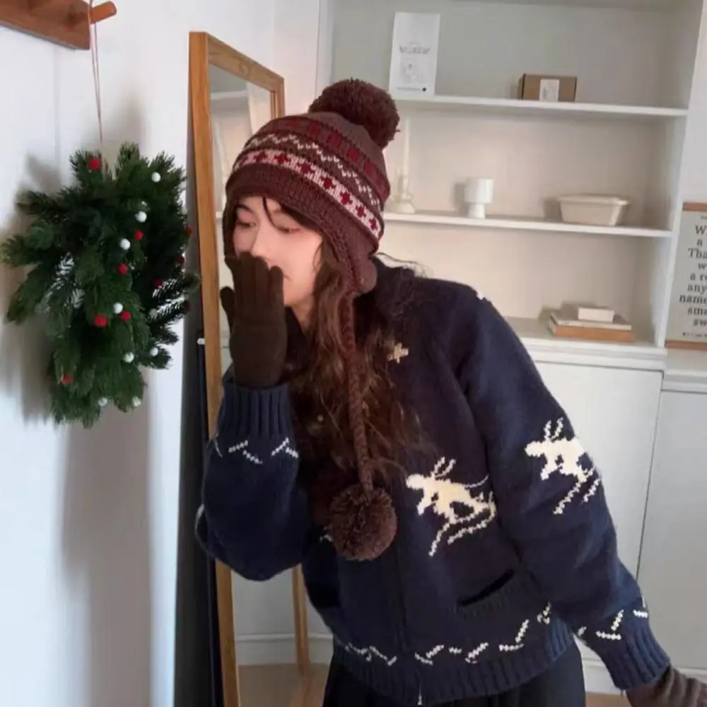 

Модная теплая вязаная шапка с жаккардовым узором, винтажная вязаная шапка с принтом, корейская ретро-шапка Лей Фэн для улицы