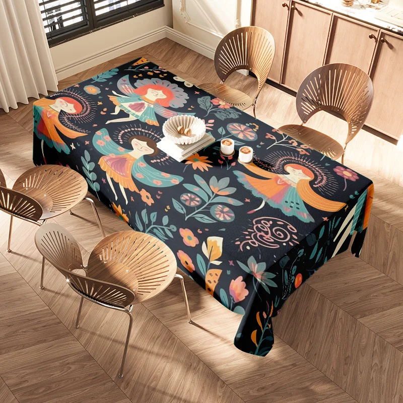 مفرش طاولة مطبوع عليه زهور لديكور المنزل، غطاء طعام بوليستر مقاوم للماء لتزيين المطبخ، تصميم زهور سوداء مع طيور #2