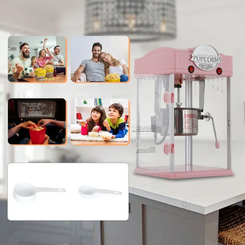 صانع الذرة الوردي لتصميم سطح الطاولة المنزلي مع أداة قياس غلاية من الفولاذ المقاوم للصدأ سعة 6 أونصة، مغرفة الفشار، فيلم عائلي ليلاً #4