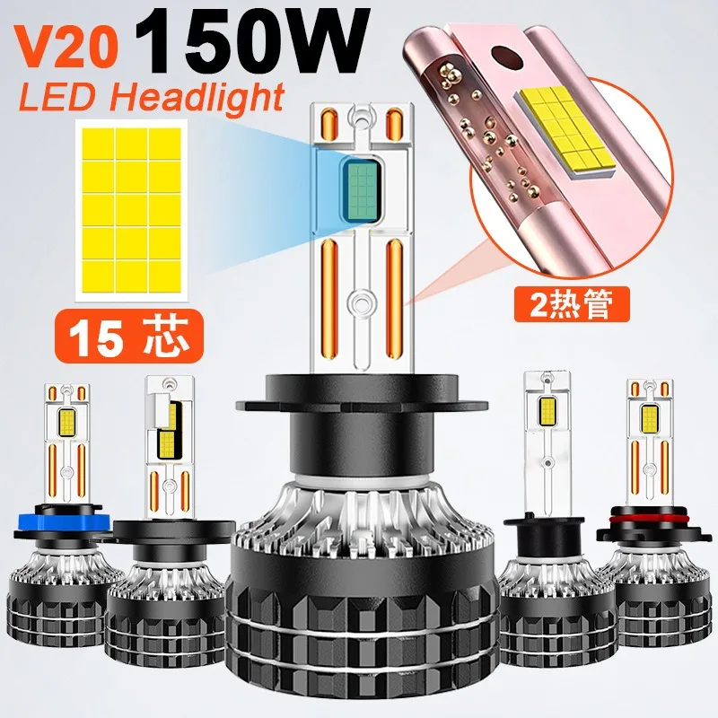 150W/Pair New LED Headlight Bulbs, CSP 4070 15-Core Dual Copper Tube Canbus for H4 H7 H11 12V Car, 2PCS