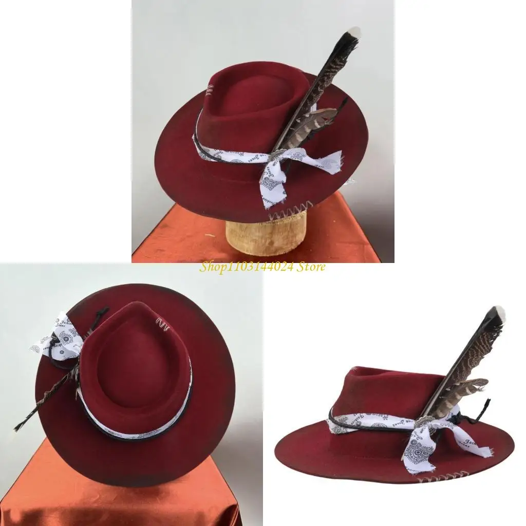 

N5KE Wool Hat Cowboy Costume Classical Hat with Decorative Belt Old Fashion Hat
