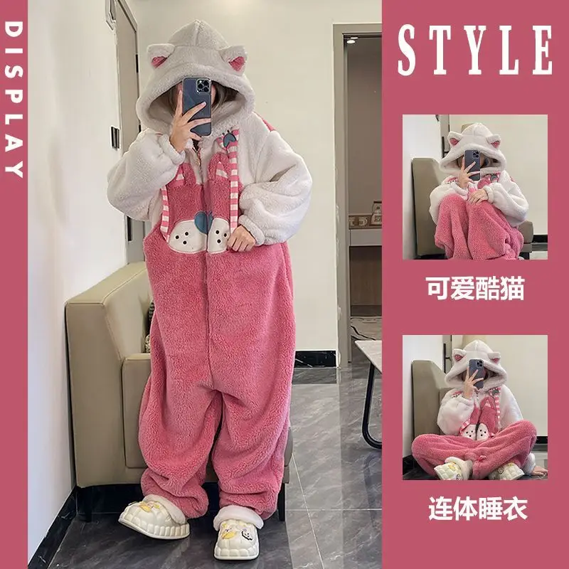 Cute Cartoon Pajamas Coral Fleece Sleepwear For Girls In Winter New Thick Plush Warm Jumpsuit Home Wear Daily Suit Cat Nightgown