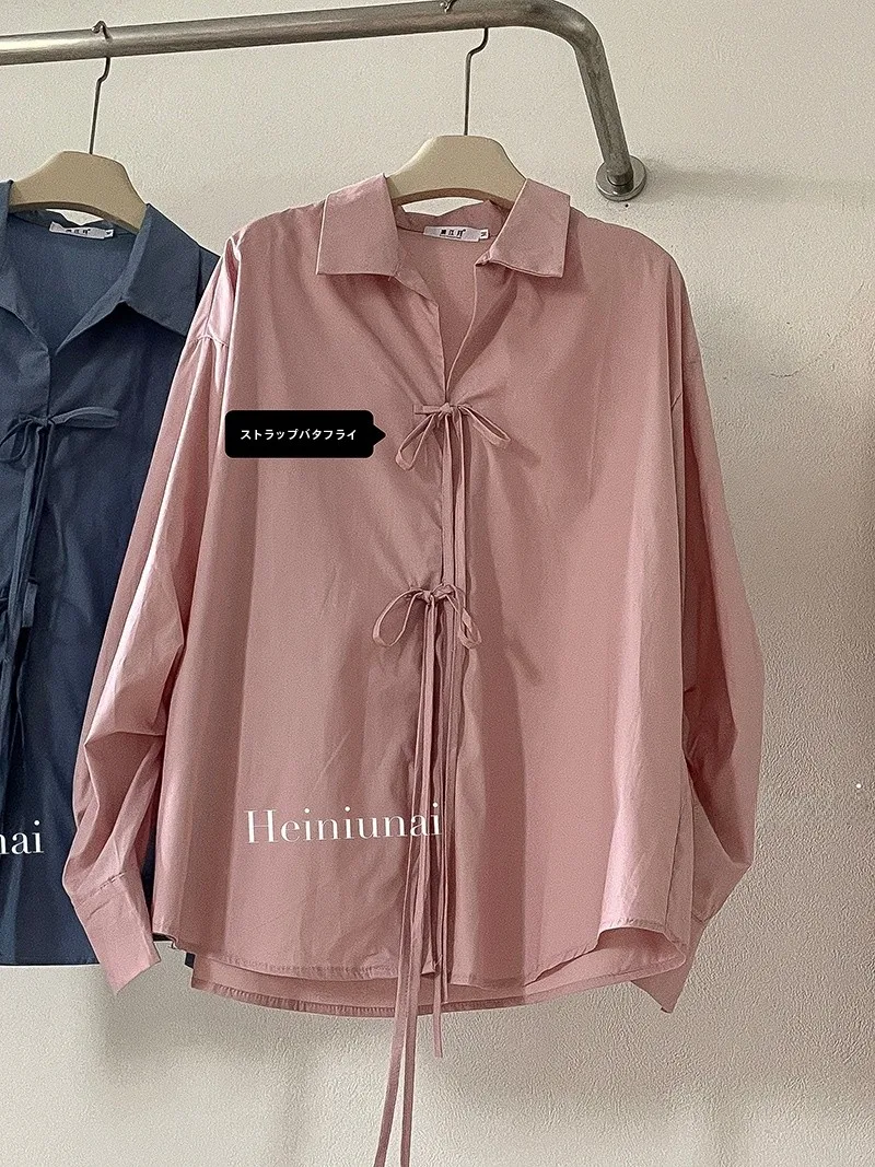 

Trendy Loose Long Sve irt Women's Spring 2025 Vintage Collar Knot Design Korean Sle Polyester Blend Casual Top