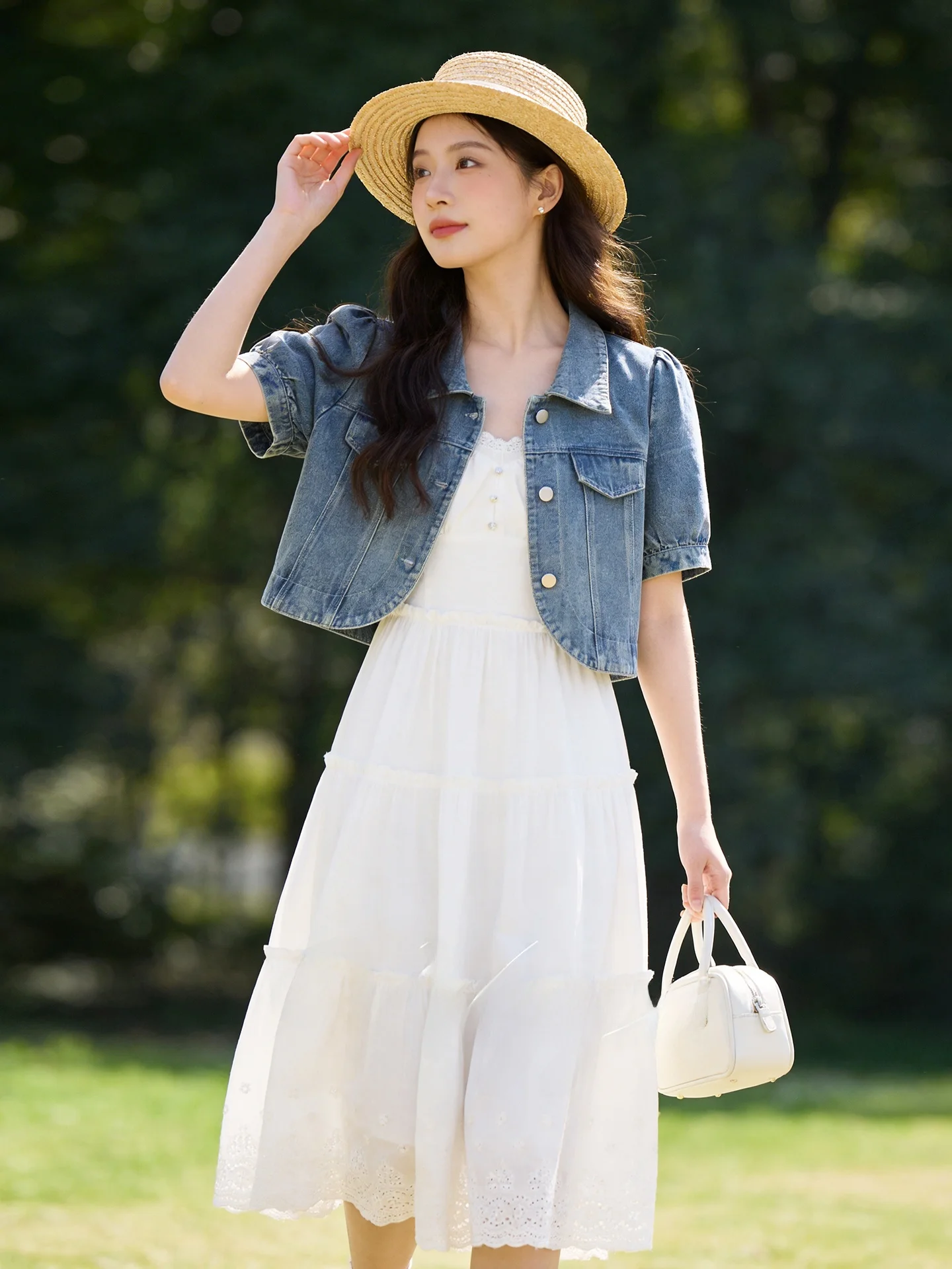 

plus Size Women's Summer Vintage Bubble Sleeve Denim Top And Halter Dress Set High Waist Cotton Polyester Blend Casual Fashion