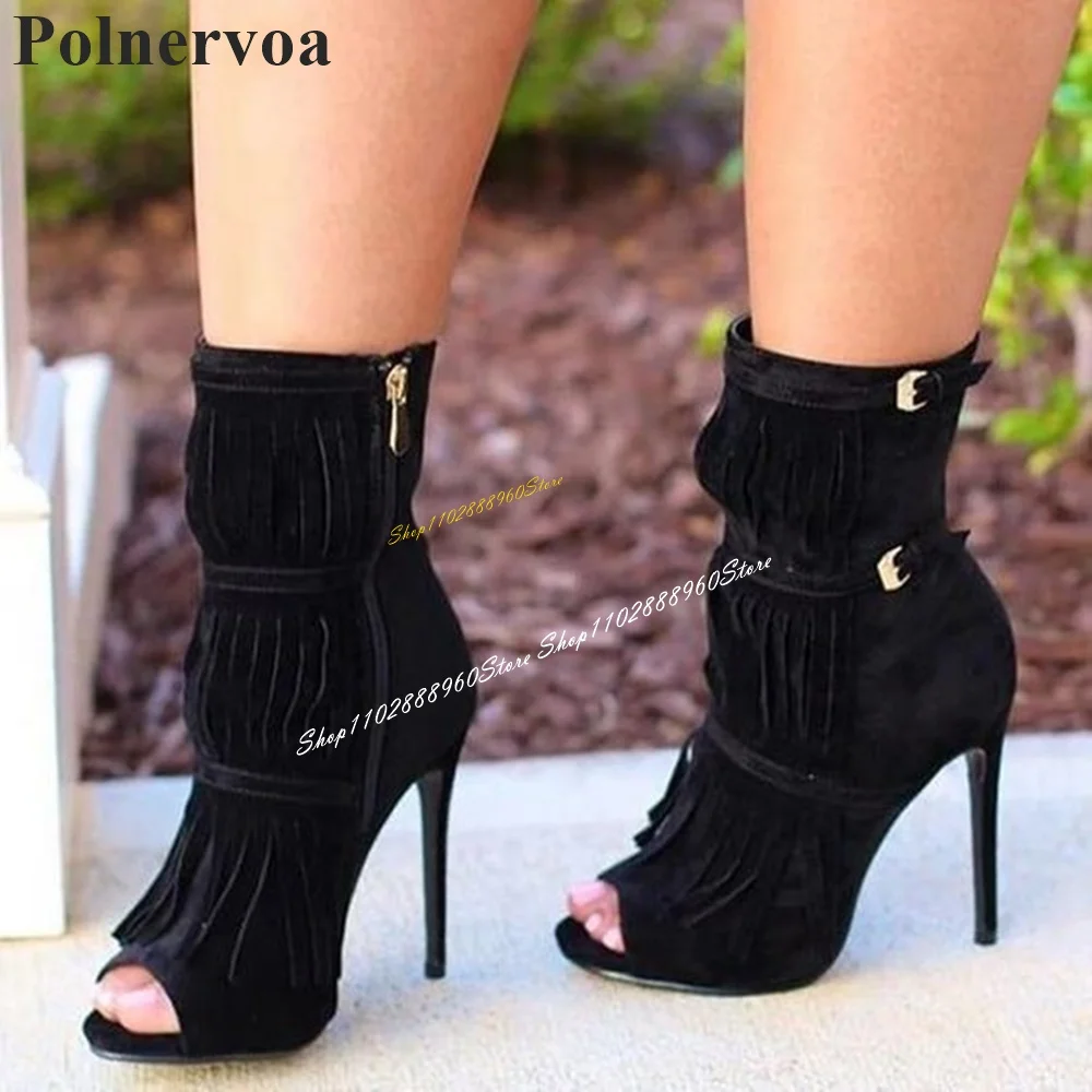 

Black Tassels Buckle Strap Decoration Ankle Boots Thin High Heel Women Shoes Side Zipper Peep Toe 2024 Sexy Zapatos Para Mujere