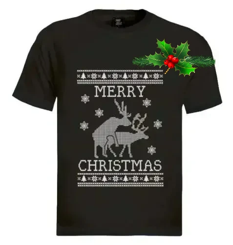 Funny Reindeer Humping Ugly Christmas Merry Xmas Gift T-Shirt 100% Cotton O-Neck Short Sleeve Casual Mens T-shirt Size S-3XL