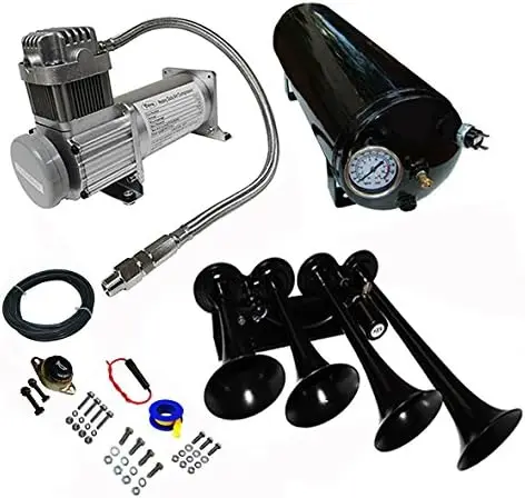 Universal Fit | Very Loud 149dB Train Air Horn Kit (Black Horns) | 1.5 Gallon Tank | 150 PSI Heavy Duty Compresso