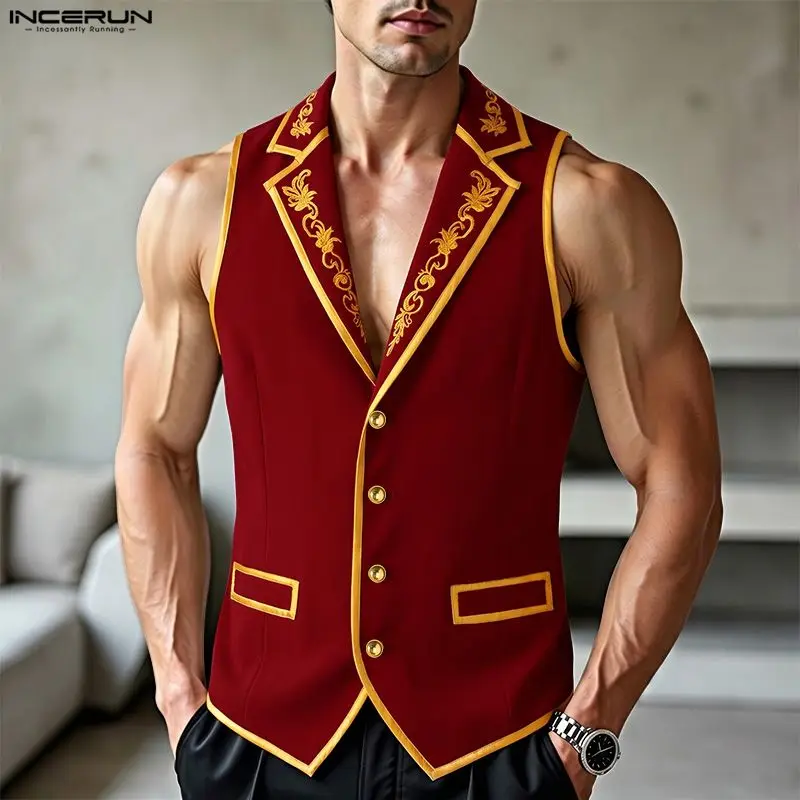 INCERUN Men's Vests Embroidery Patchwork Lapel Sleeveless Button Male Waistcoats Streetwear Vintage Casual Men Clothes Vests