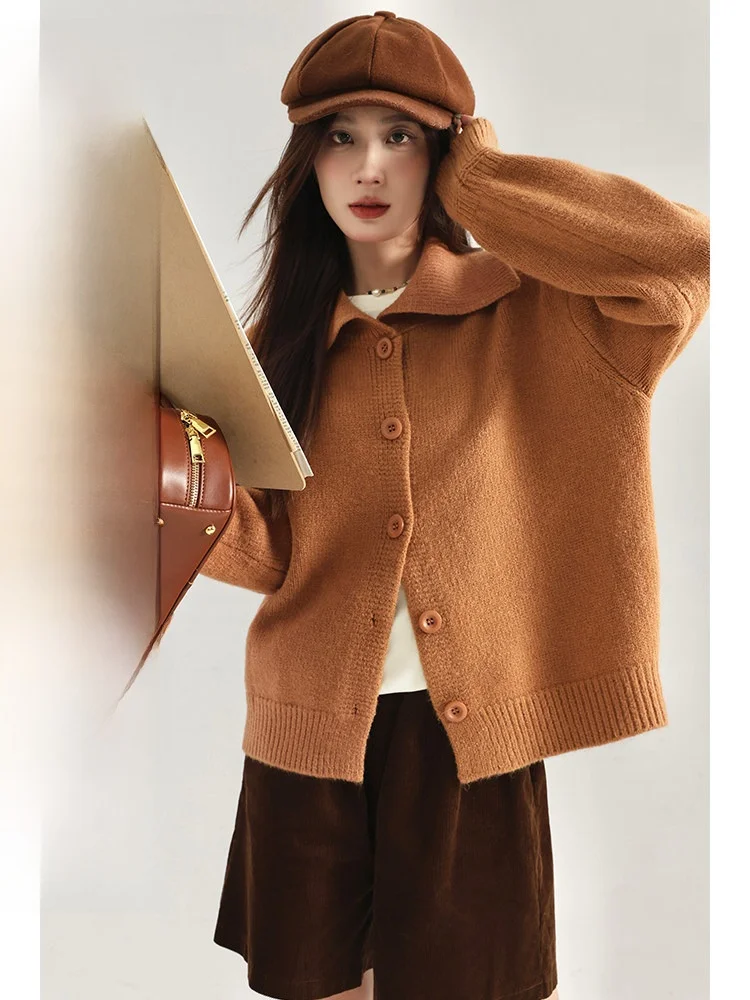 

Оранжевый кардиган с отложным воротником, повседневный, универсальный, укороченный, стройнящий, вязаный, из нейлоновой смеси, зимняя одежда от бренда Yang Bubble