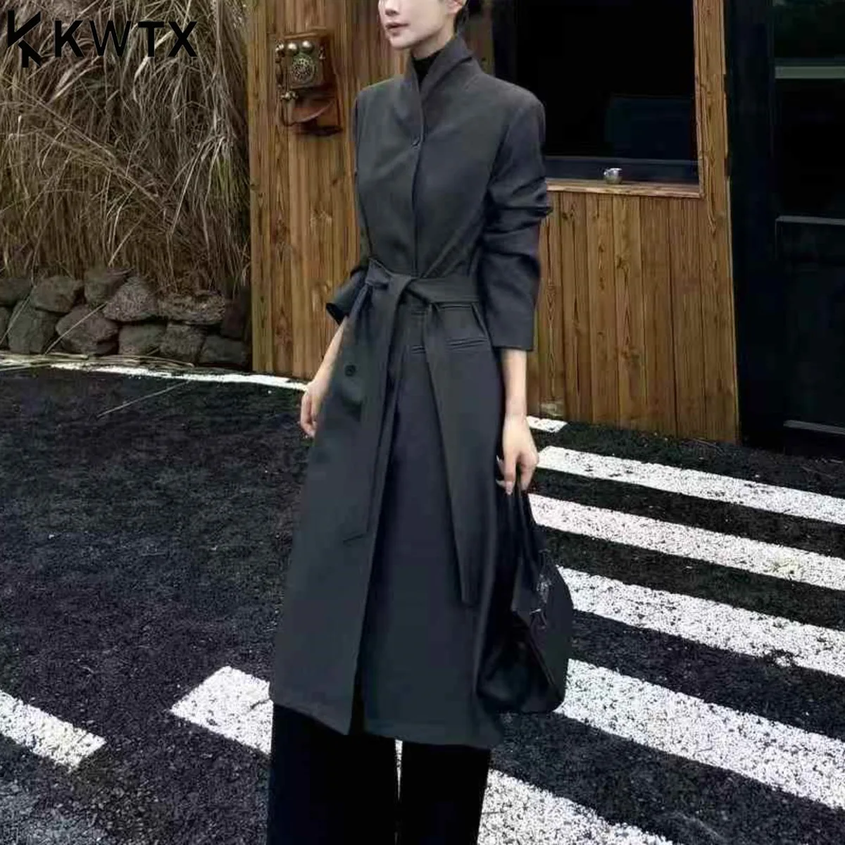 

KWTX 2025 Fall Arrivals Minimalist Trench Coat For Women Lapel Belted Double Breasted Long Jacket Casual Elegant Draped Overcoat