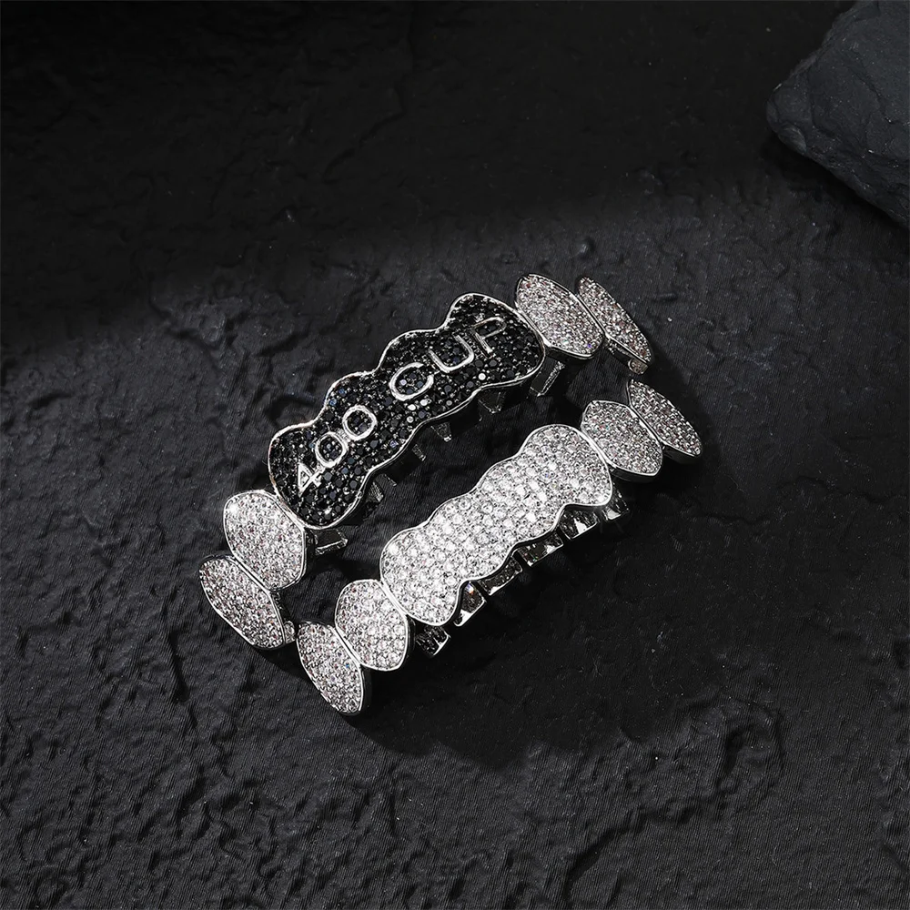Hip Hop Full Bling CZ Teeth Grillz Caps Brass Cubic Zircon Iced Out Charm Grills For Men Women Jewelry Xmas Gift