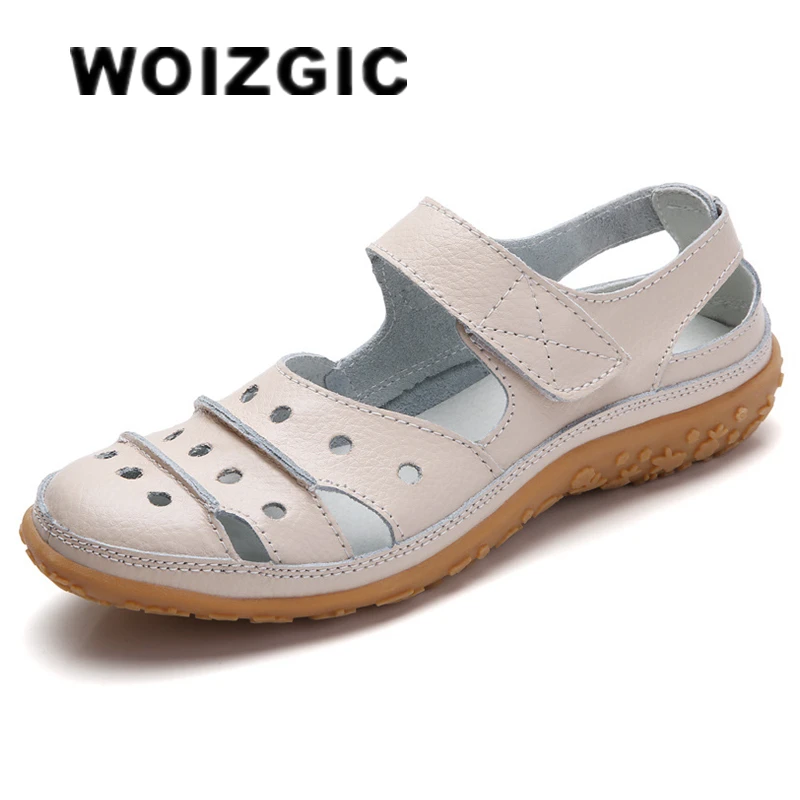 WOIZGIC Mother Women\'s Female Ladies Genuine Leather White Shoes Sandals Hook Loop Summer Cool Beach Hollow Soft LLX-9566