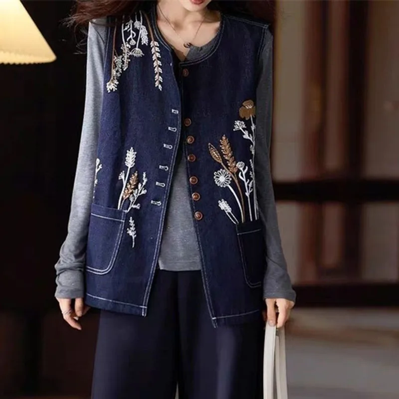 

Европейский женский ковбойский жилет без рукавов на весну и осень, женский модный жилет с вышивкой, женский джинсовый жилет большого размера 5xl