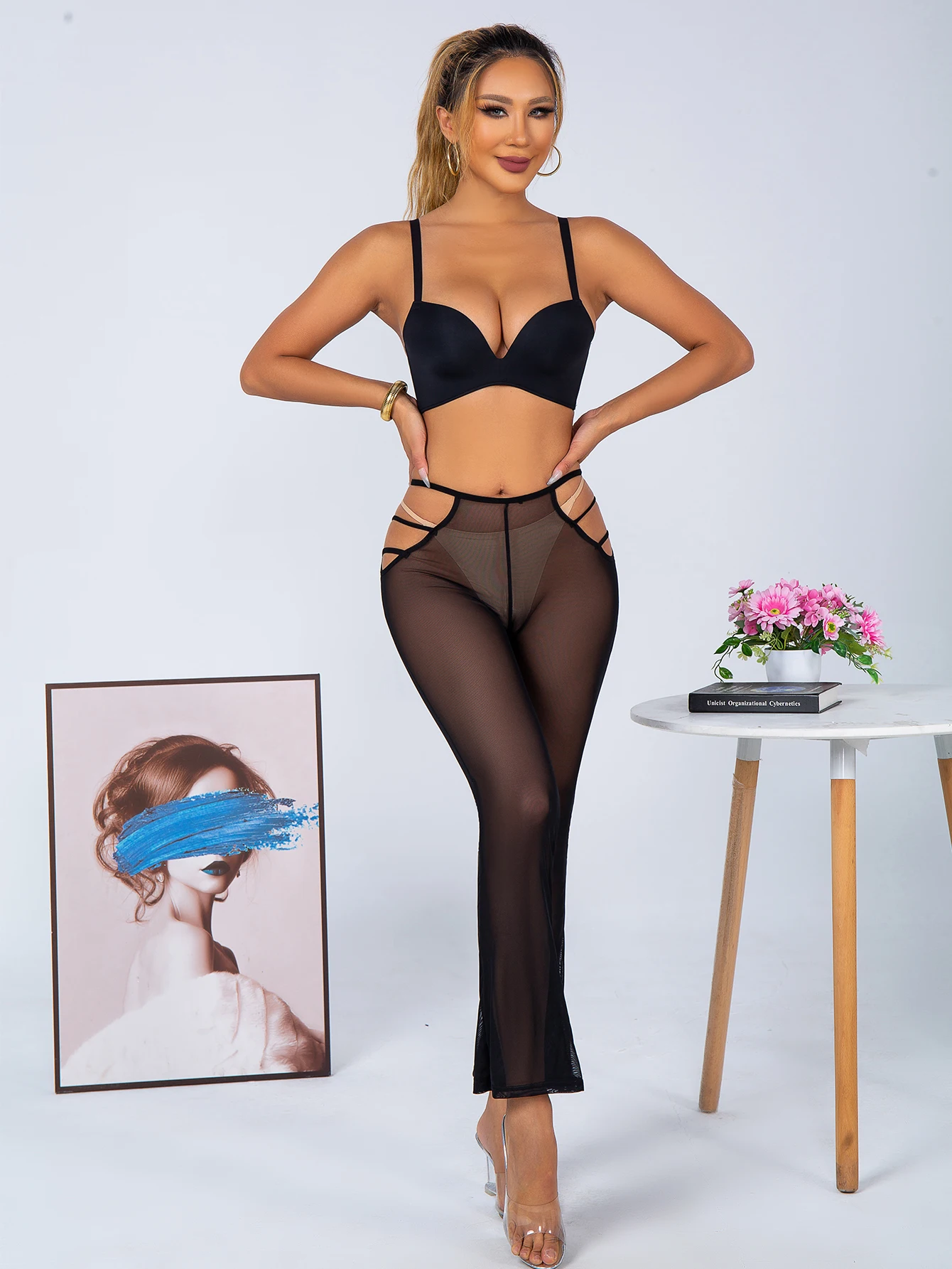 Europe And The United States Explosive Fashion Sexy Hollow Low-waist Flare Pants Personality Sexy Mesh Perspective Pants