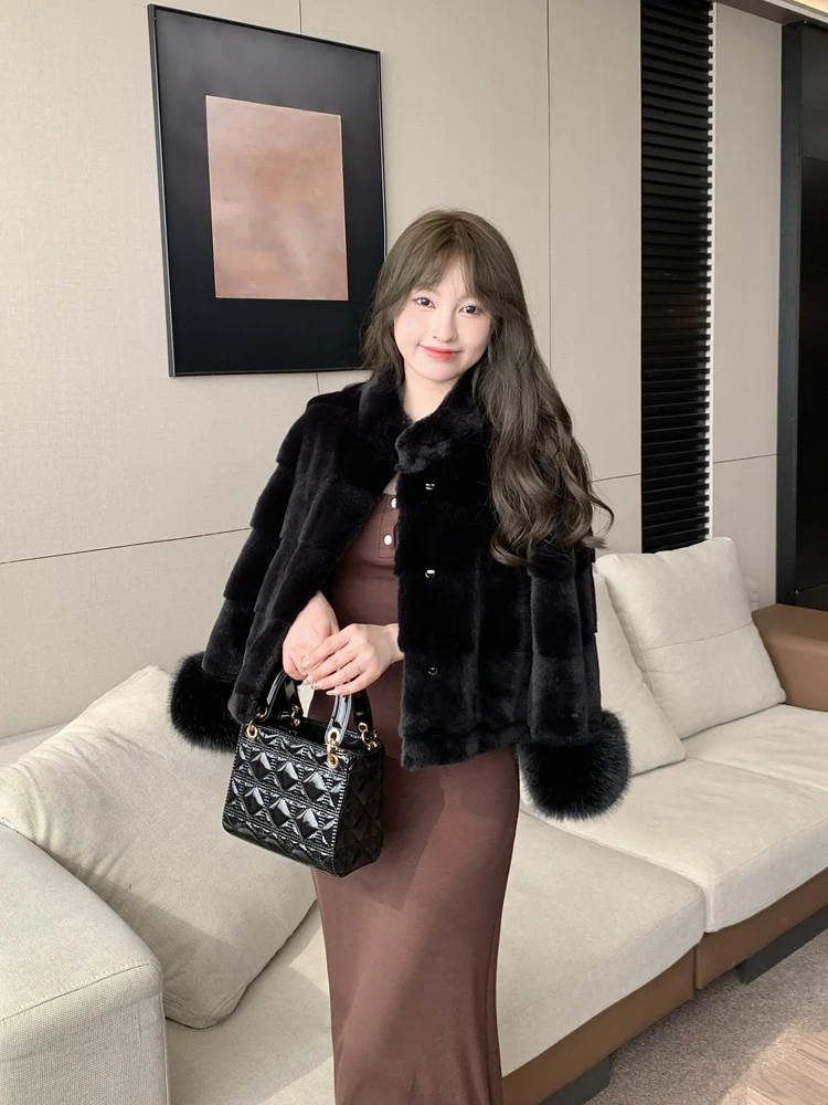 Manteau ample en Faux poils de vison pour femme, col rond, manchettes en fausse fourrure de renard, manches longues, vêtements d'extérieur courts et doux, automne et hiver