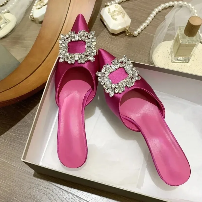 Rhinestone Buckle Satin Pointed Toe Pumps Slippers Women Sexy Slingback Dress Shoes Luxury Brand Heeled Sandals Female Mules