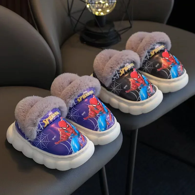 Disney Winter Children Cotton Slippers Kids Cartoon Spider Man Frozen Elsa Non Slip Warm Plush Baby Boys Girls Indoor Home Shoes