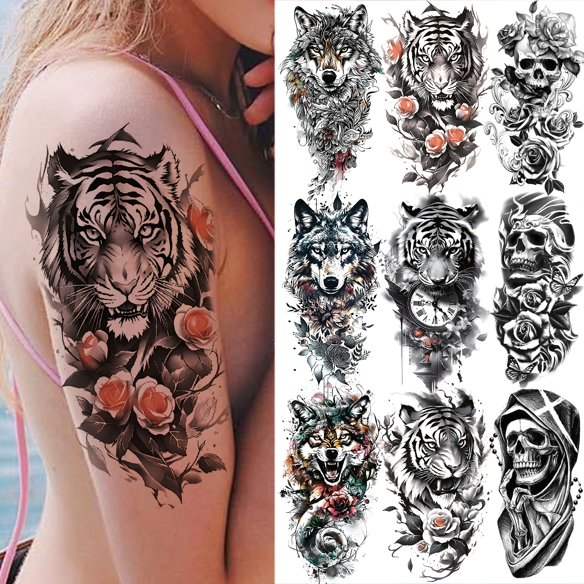 

1 Sheet Flower Tiger Wolf Skull Temporary Tattoos For Women Men Adults Skeleton Body ArmTattoo Sticker Realistic Fake Animal