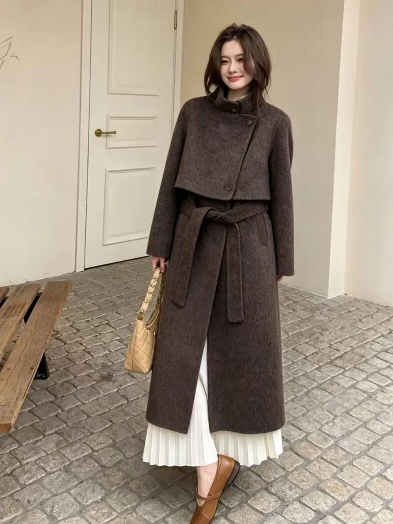 Autumn and Winter Lace-up Long Two-piece Set Double-sided 100% Wool Coat Thicken Long Woolen Overcoat Lady Chic Outwear