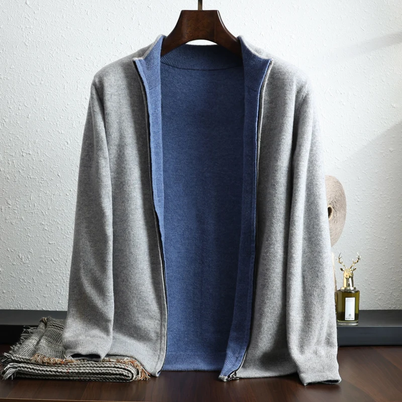 

100% Pure Wool Cardigan Men's Stand-Up Collar Zipper Sweater Both Sides Can Wear Knitted Coat Casual Autumn Winter Thick Jacket