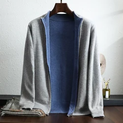 100% Pure Wool Cardigan Men's Stand-Up Collar Zipper Sweater Both Sides Can Wear Knitted Coat Casual Autumn Winter Thick Jacket