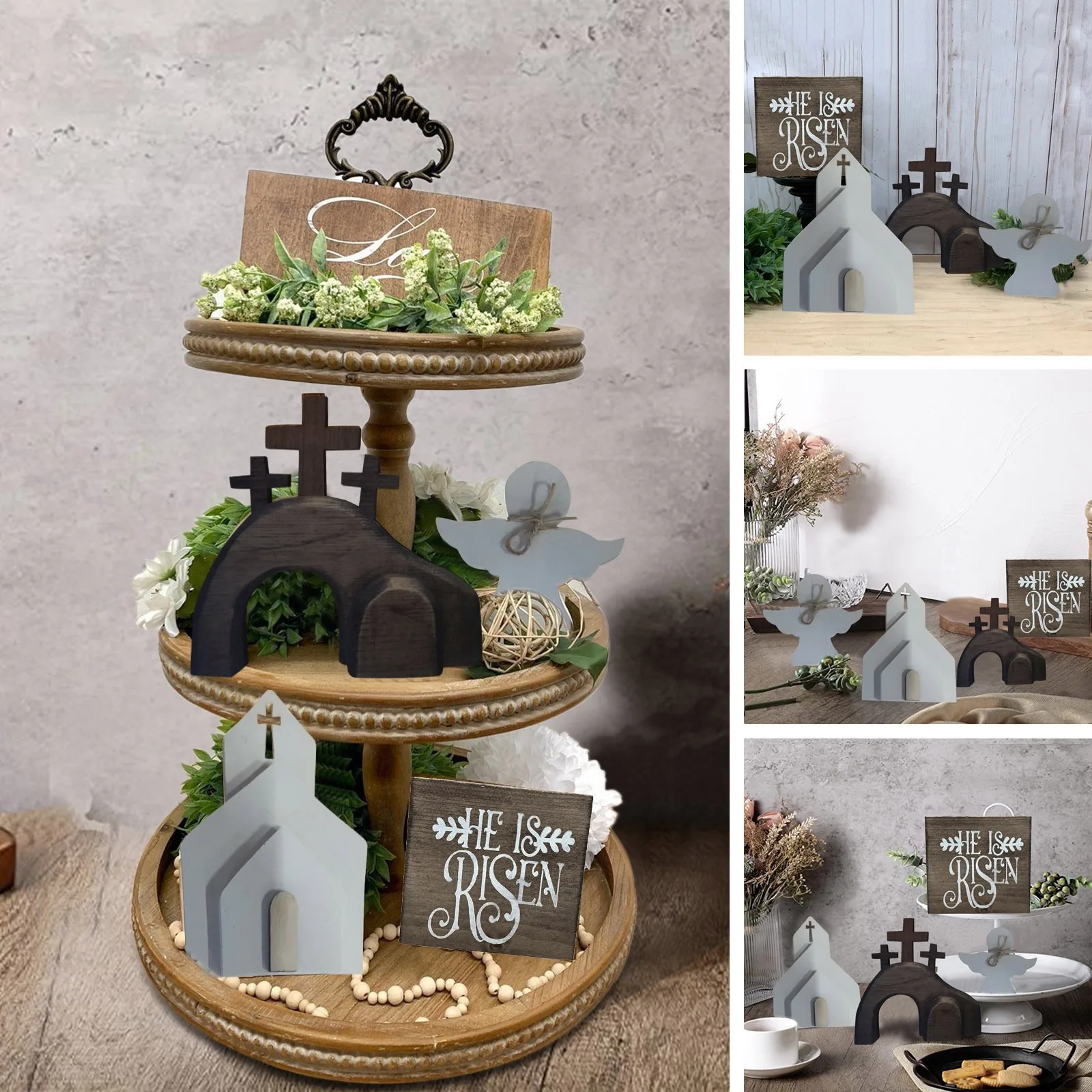 Easter Jesus Tiered Tray Ornament Decor Home Decoration Easter Jesus Tomb Tray Bundle Kit Farmhouse Rustic Tiered Tray Ornaments