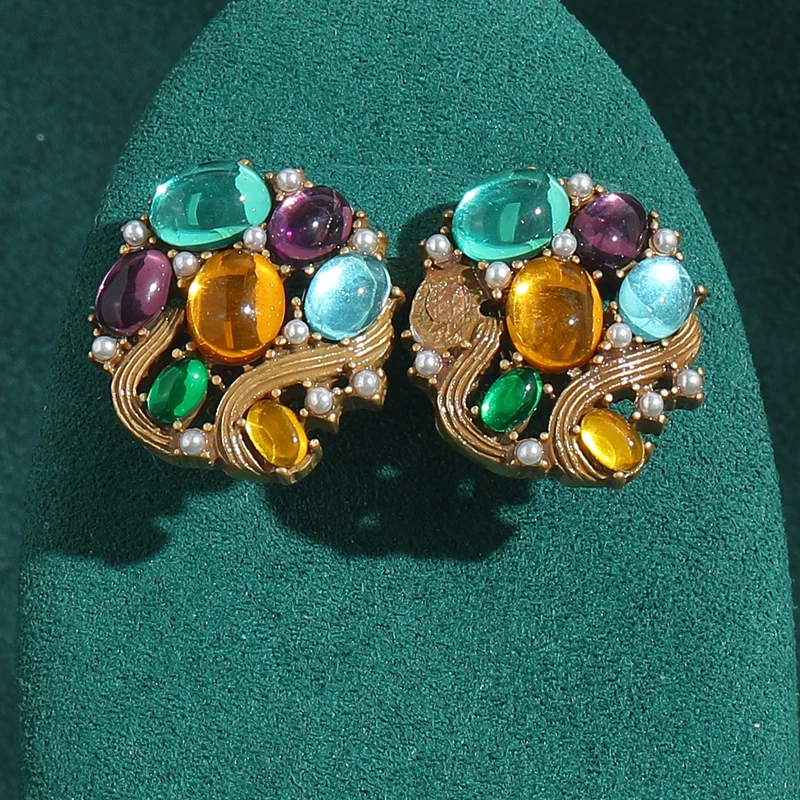 

Vintage Colorful Glass Stud Earrings Stones Luxury Round Gold Plated High Quality Jewelry Brand Designer for Women Daily Elegant