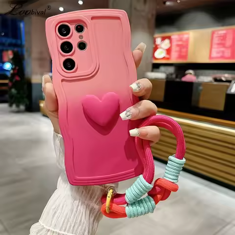 Gradient Love Heart Lanyard Case for Samsung Galaxy S24 S25 Ultra S23 S22 Plus S21 S20 FE A54 A34 A52 A53 Wrist Strap Wave Cover