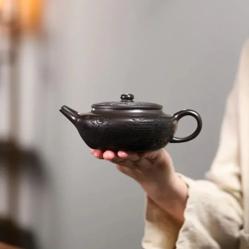 Handmade Yixing Ore Yellow Purple Clay Pot Carving and Gas Flat Morning Teapot Cover inside Lettering High-Capacity Ball Hole