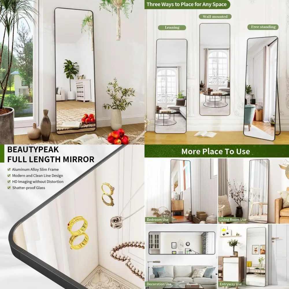 Full Length Mirror with Rounded Corners - Standing or Leaning Metal Framed Floor Mirror for Living Rooms and Bedrooms
