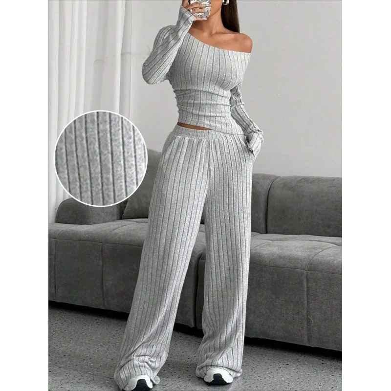 Europe, America 2025 Autumn And Winter Casual Solid Color Turtleneck Knitted Long-sleeved Suit Women's Loose Trousers Two-piece