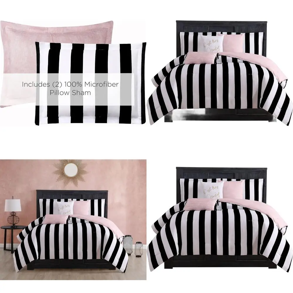 

Queen Size Black & White Striped Reversible Bedding Set - 6-Piece with Comforter, Pillows, and Shams