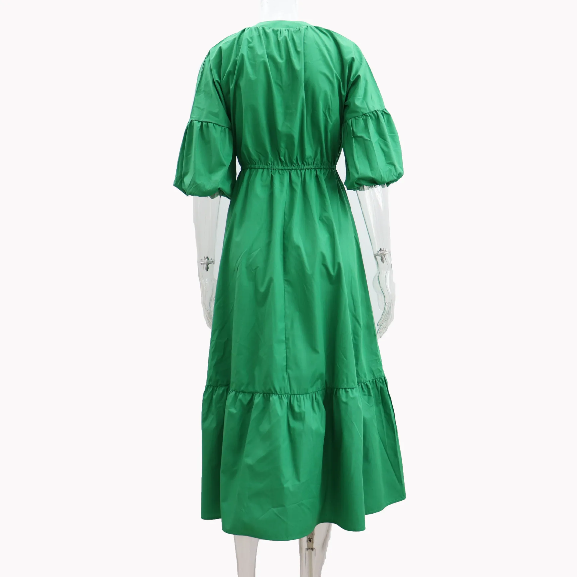 Sexy Vintage Patchwork Empire Waist Maxi Dress Solid Luxury V Neck Lantern Sleeve Ruffle Loose Dress Women Autumn Vacation