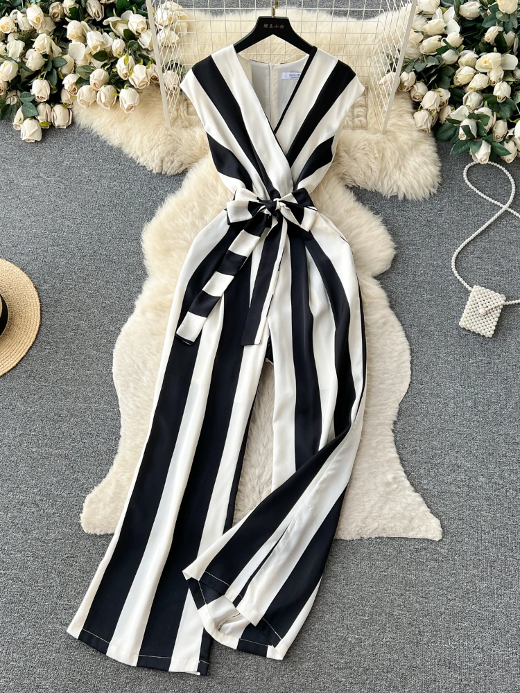 Women Vintage Playsuits Summer Sexy V-neck Sleeveless Striped Jumpsuit Ladies High Waisted Slim Wide Leg Pants Romper