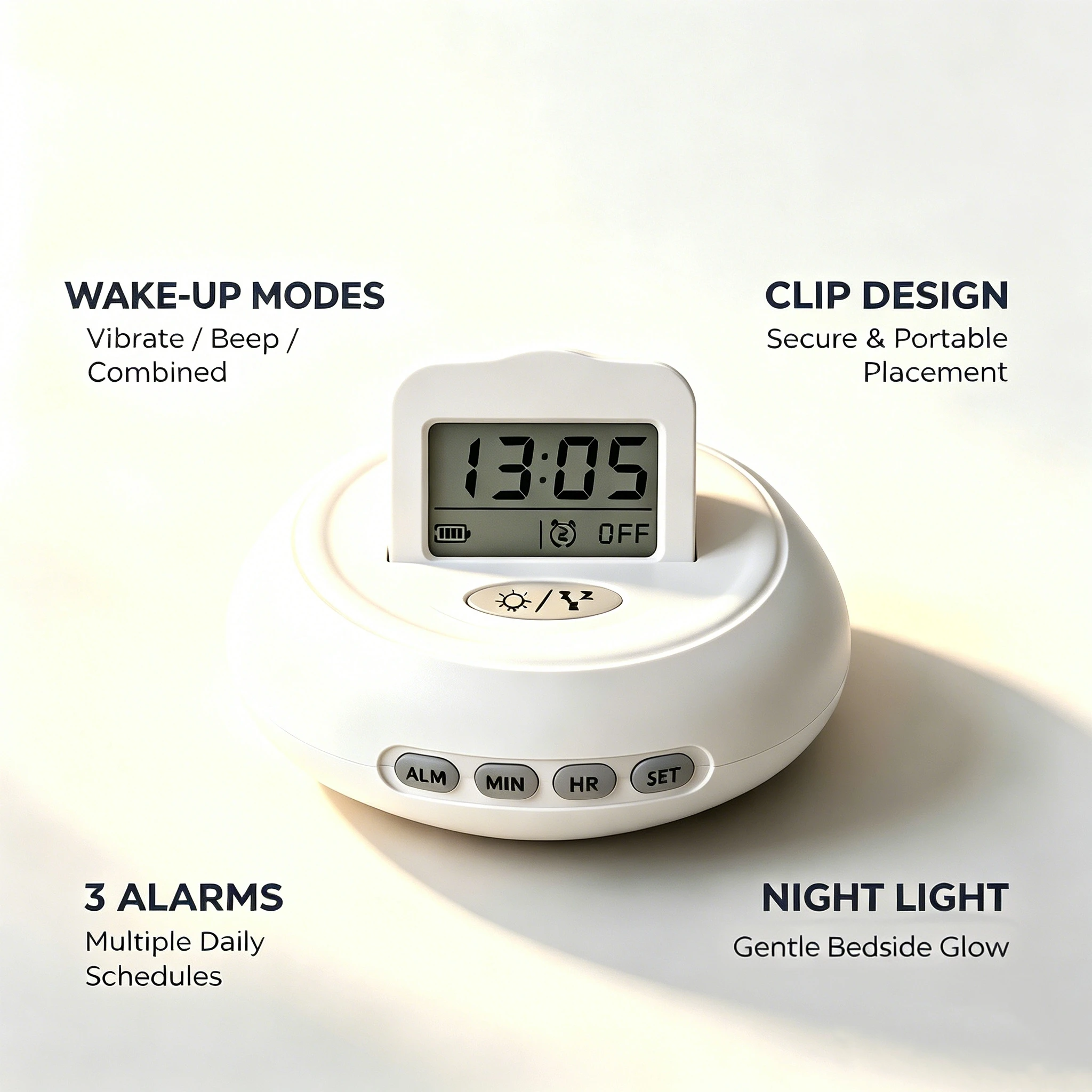 Vibrating Alarm Clock with Bed Shaker for Heavy Sleepers & Deaf, 3 Independent Alarms, 4 Alert Modes, Loud Buzzer, 2 AA Battery