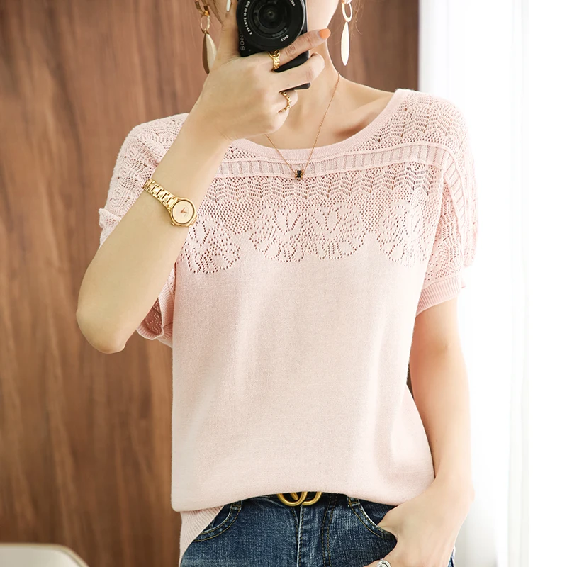 Women 100% Pure Cotton Tees Sweater Short-sleeved Summer New Pullover Vest Ladies O-neck Knitted Loose Hollow Jacquard T-shirt