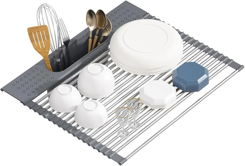 

Foldable Stainless Steel Dish Drying Rack Over Sink, Heat-Resistant Rolling Organizer in Grey