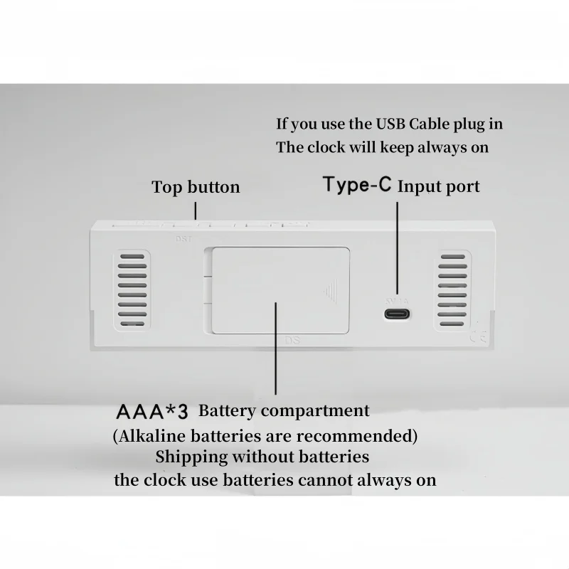 USB-betriebener digitaler Wecker mit Stimmungslicht, TEMP, Datum, Woche, 2 Alarme, automatisch dimmbar, Schlummer-Tischuhr, 12/24 Stunden, DST-LED-Uhr – Detail 2