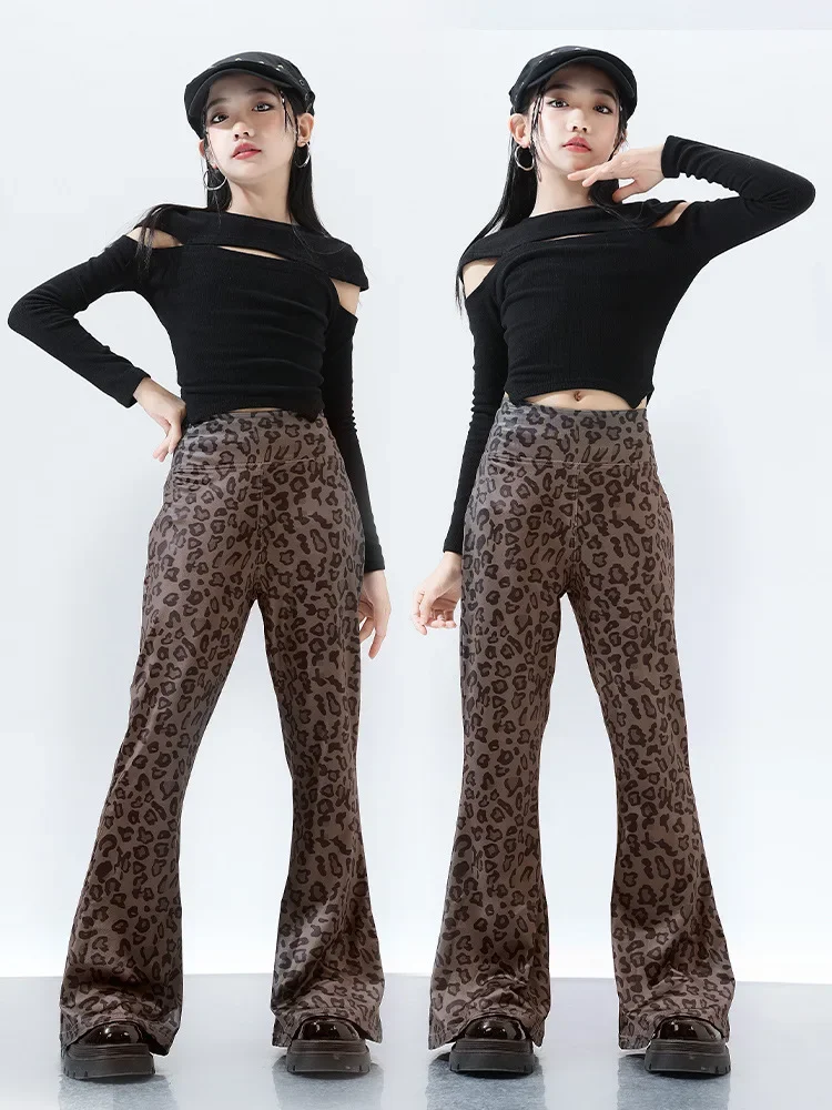 Mädchen Hip Hop Kleidung Schwarz Tops Streetwear Leopardenmuster Hosen für Kinder Tanzkostüm Kleidung