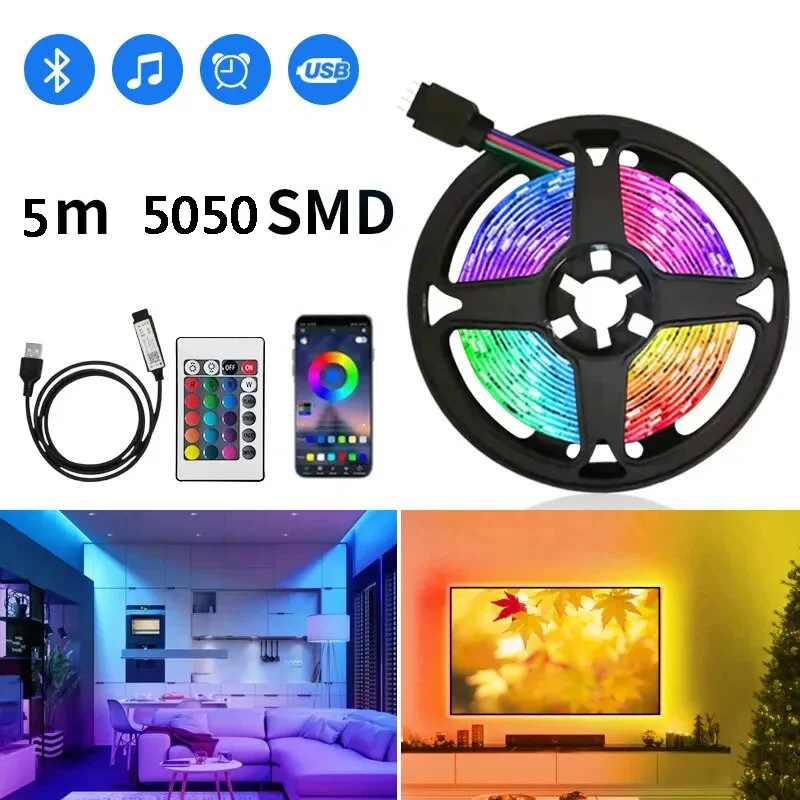 5V RGB 5050 LED Light Strip Tape USB Bluetooth With 24Keys Remote Control Color Change Flexible Lamp Tape Ribbon Diode For Home