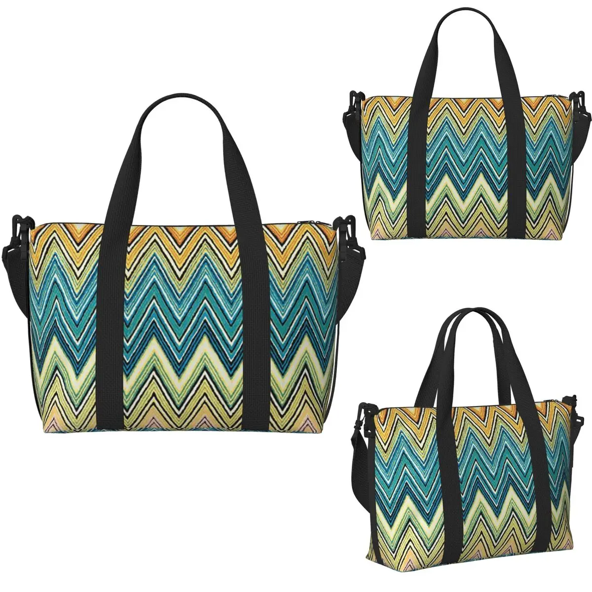 Boho Chic Modern Zigzags Geometric Multicolor5 Beach Travel Bag Tote Bags for Gym Sport Women Shopping Duffle Shoulder Bag