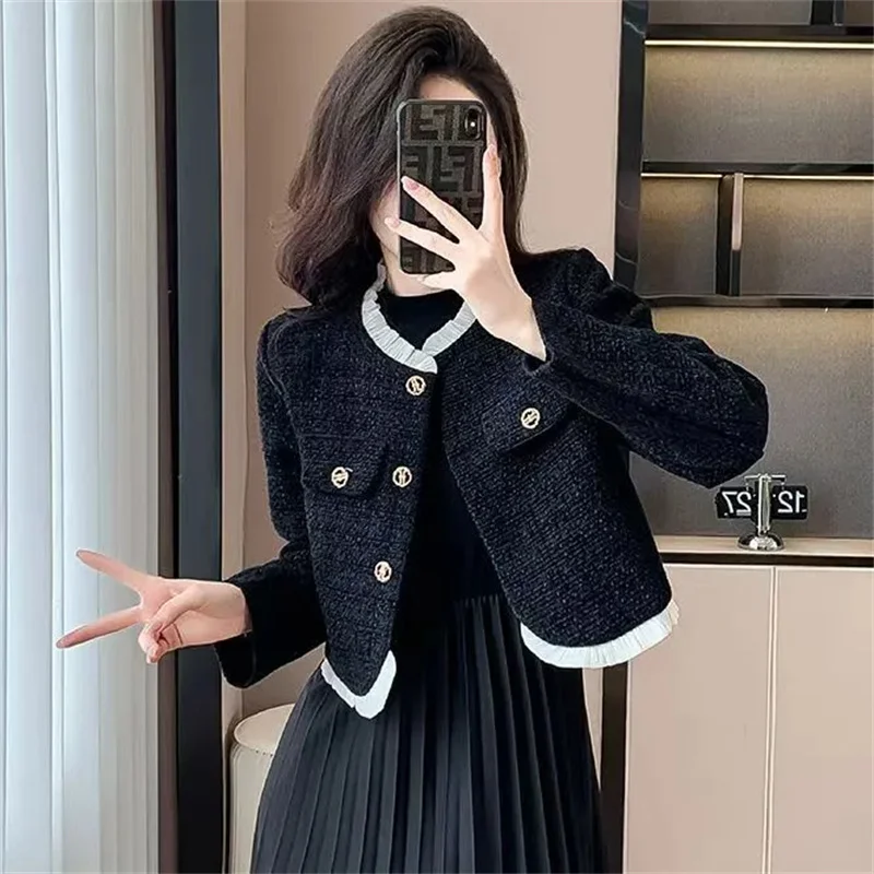 

Xiaoxiangfeng короткая куртка для женщин осень с длинными рукавами французский женский топ с круглым вырезом женская мода для отдыха сращивание вместе пальто