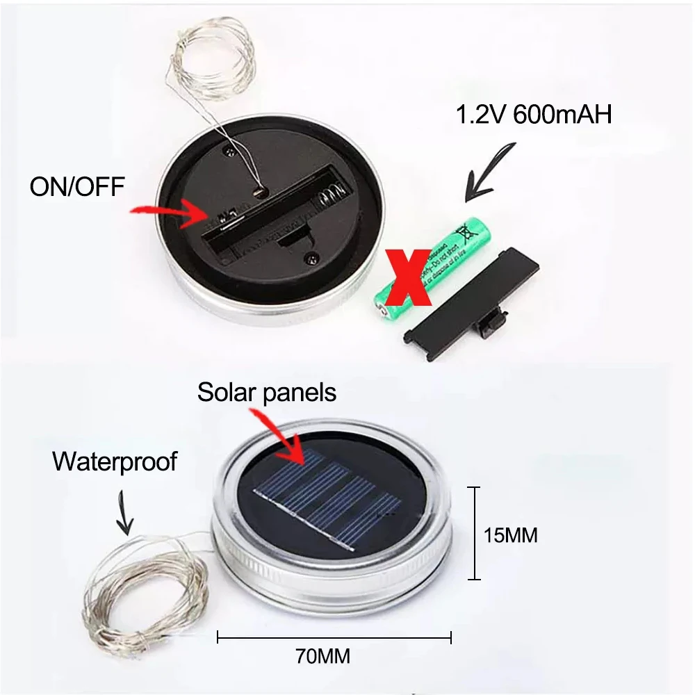 Solar Power Mason Jar Lid Luzes LED, luz de fadas impermeável, luz de Natal, guirlanda, casamento, decoração do jardim, 1m, 2m