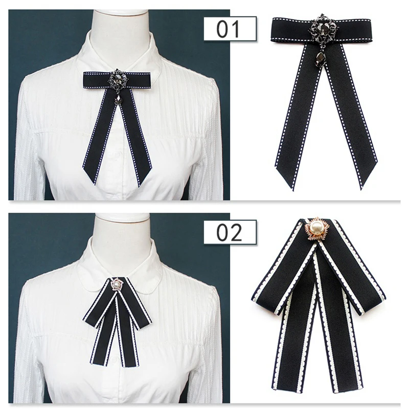 한국 여성용 나비넥타이 브로치 블랙 라인스톤 진주 셔츠 칼라 핀 패션 보우타이 리본 웨딩 파티 넥타이