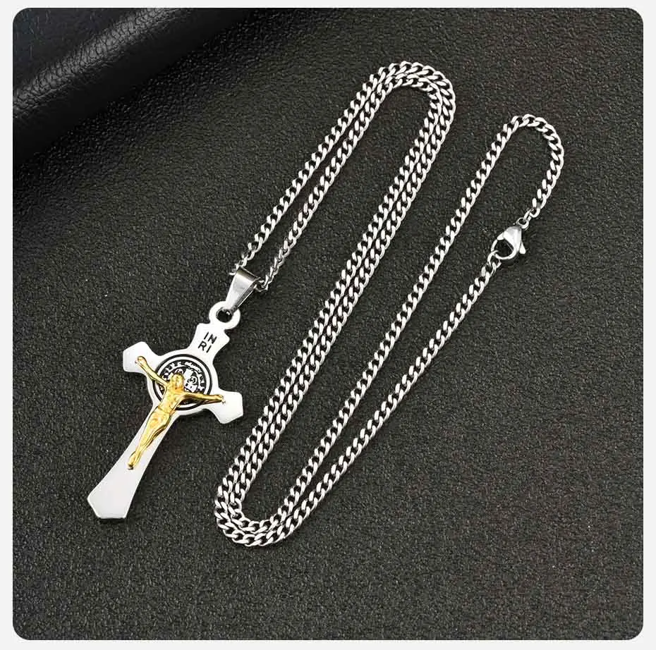 Vnox Heiliger Benedikt Katholisches Kreuz-Anhänger-Halskette für Männer und Frauen, 50/60/70cm Edelstahl-Gliederkette, Religiöser Schmuck Geschenk – Detail 6